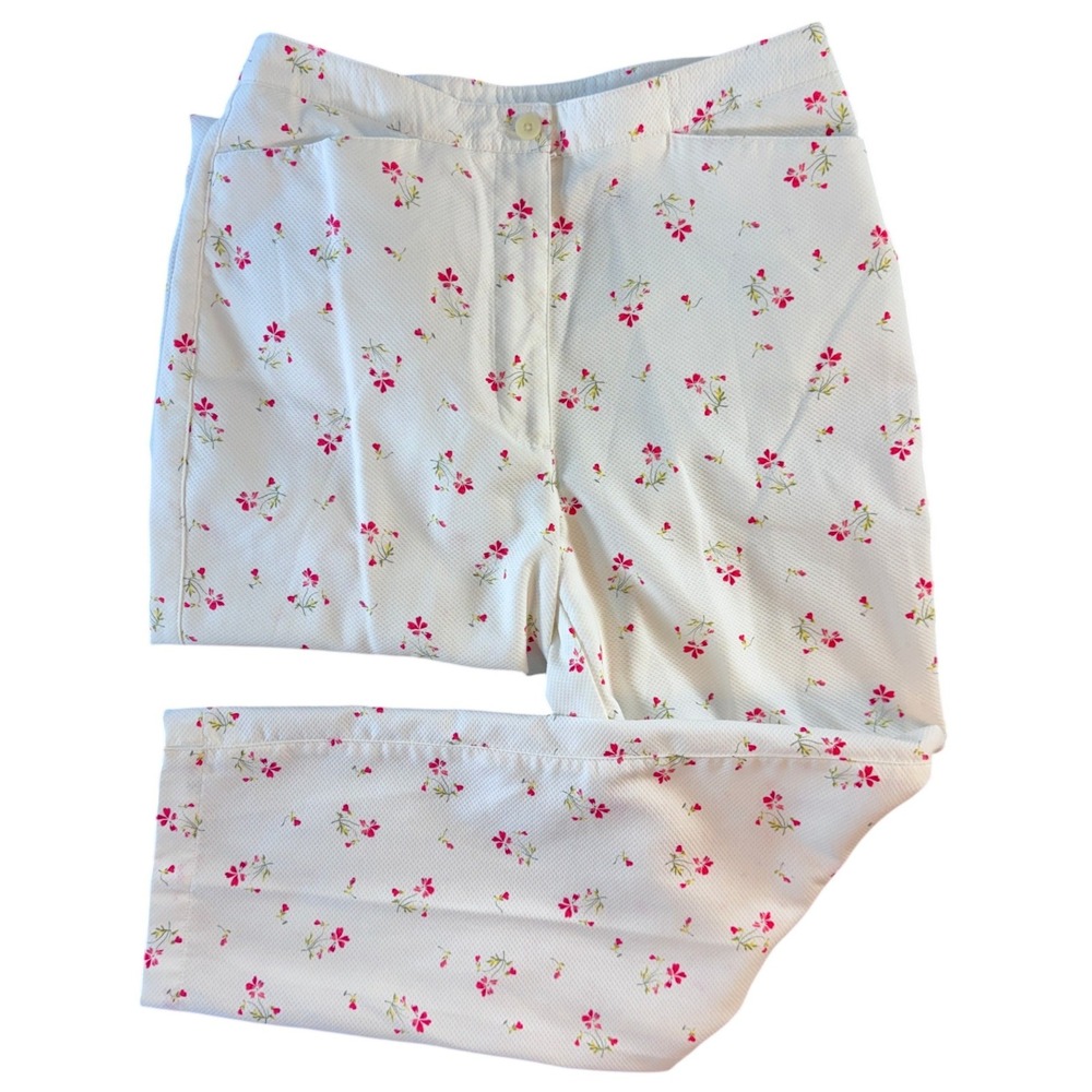Liz‎ Claiborne Vintage Floral Seersucker Pants White Pink Red Size 8 Cotton